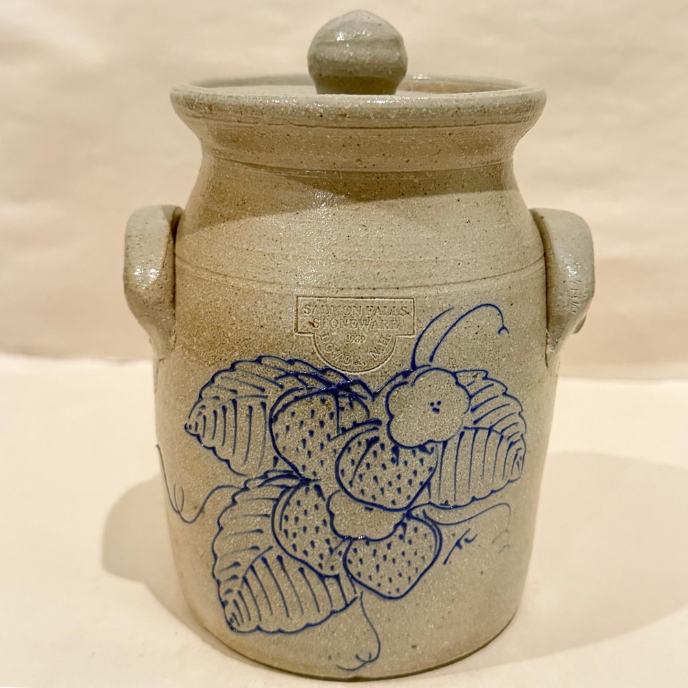 HTF Salmon Falls 1989 Lidded Handled Crock Jar Strawberry Signed Crayton-Ackley